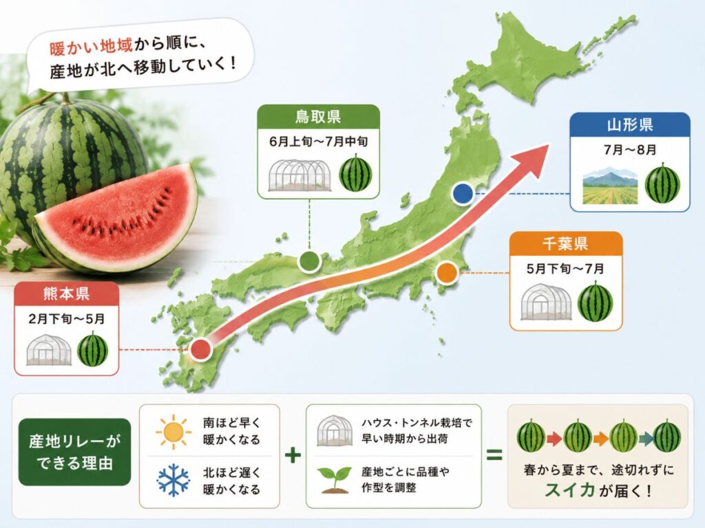 熊本・千葉・鳥取・山形へスイカの産地が北上する時期と産地リレーの仕組みを示した図