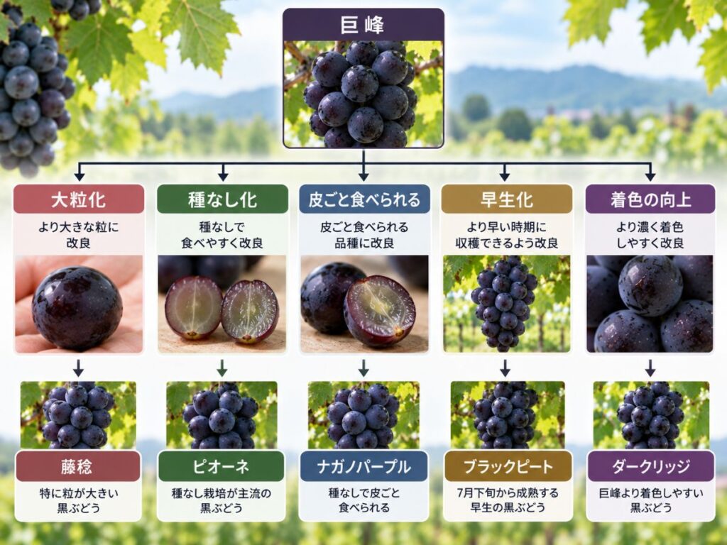 巨峰を起点に大粒化・種なし化・皮ごと・早生化・着色改善へ広がった黒ぶどうの品種改良