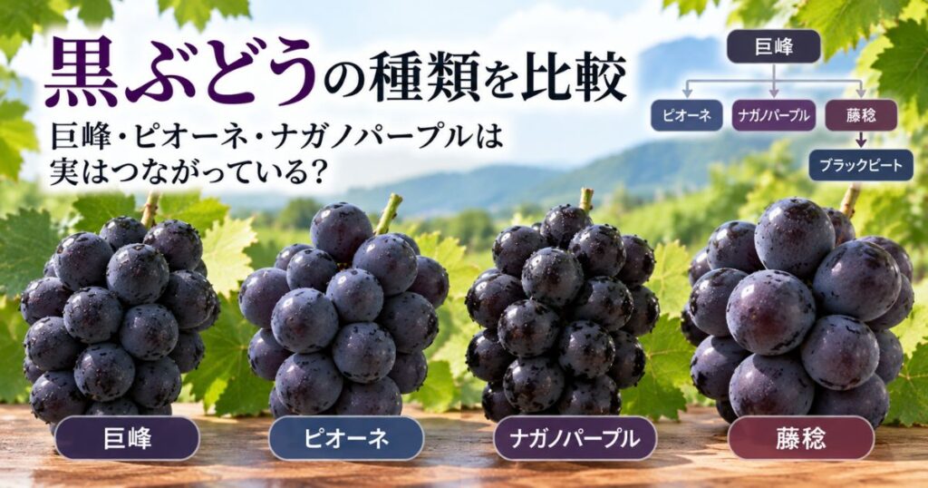 巨峰・ピオーネ・ナガノパープル・藤稔など黒ぶどうの種類と系譜を紹介するアイキャッチ画像