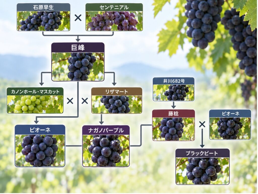 巨峰からピオーネ・ナガノパープル・藤稔・ブラックビートへつながる黒ぶどうの系譜図