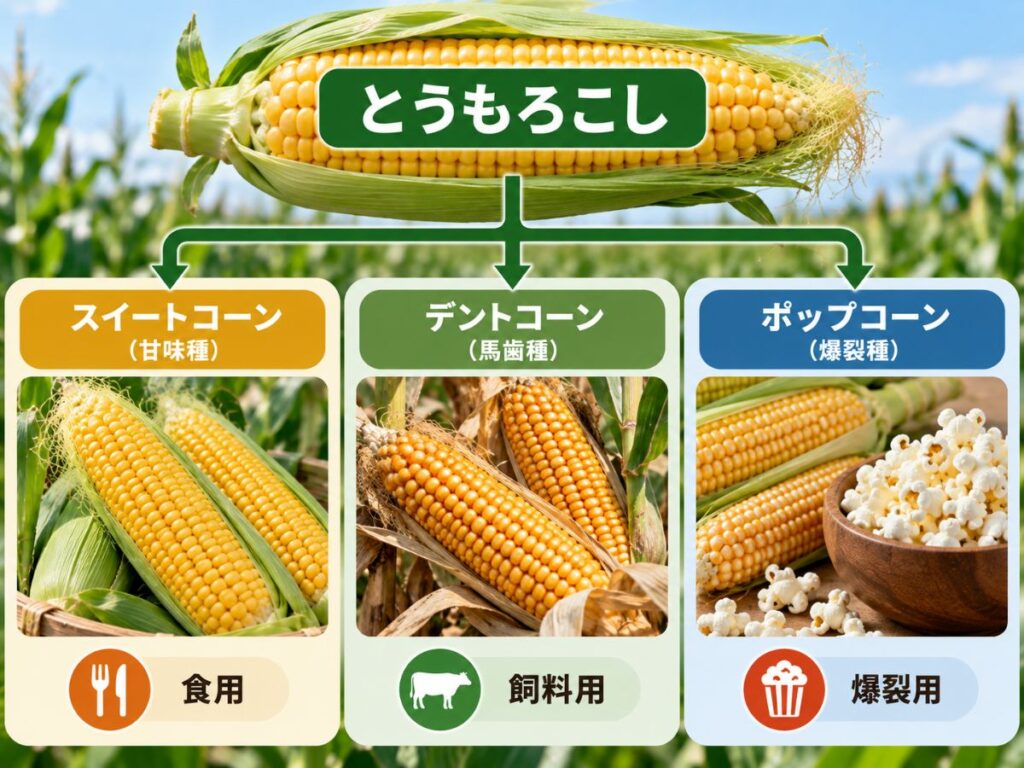とうもろこしをスイートコーン・デントコーン・ポップコーンに分け、それぞれ食用・飼料用・爆裂用として比較した図