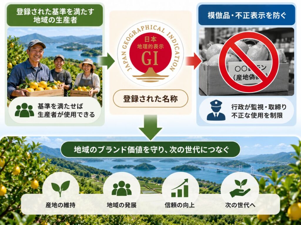GIに登録された名称を基準を満たす地域の生産者が使用し、模倣品や不正表示から守る仕組み