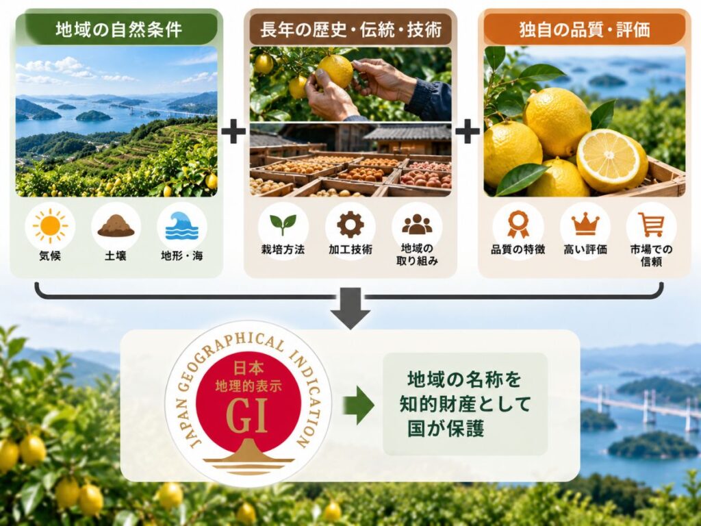 地域の自然条件・歴史や技術・品質や評価が結びつきGIとして名称が保護される仕組み