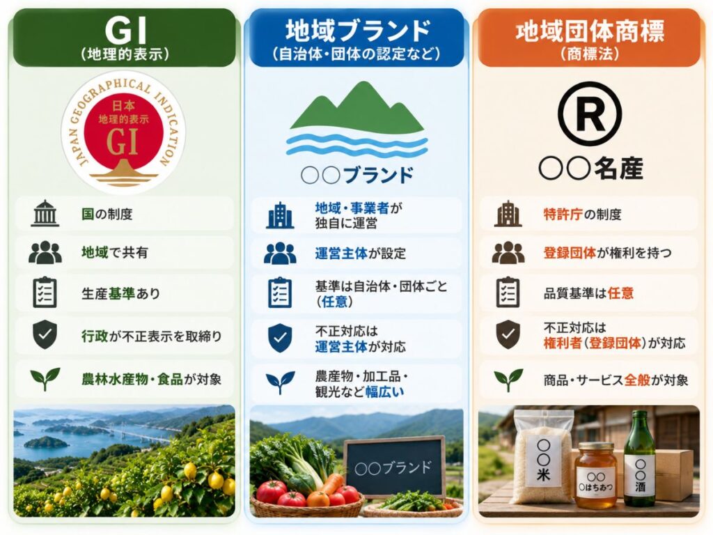 GI・地域ブランド・地域団体商標の制度や管理主体、保護の違いを比較した図