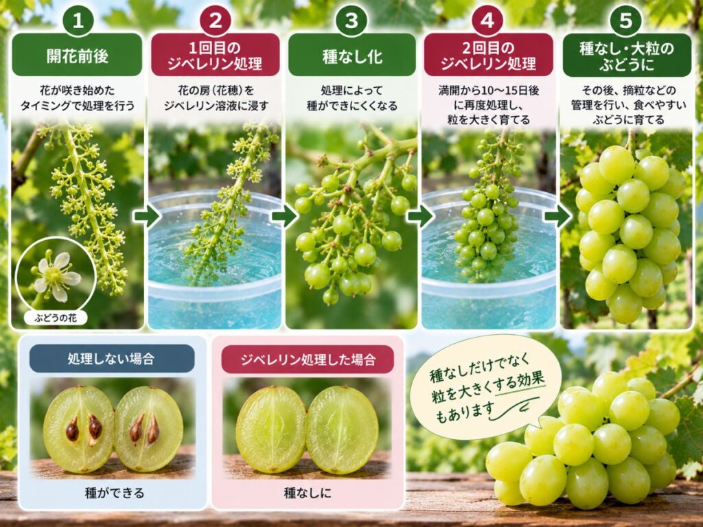 開花前後のジベレリン処理で種なし化と果粒肥大を行う流れを示した図