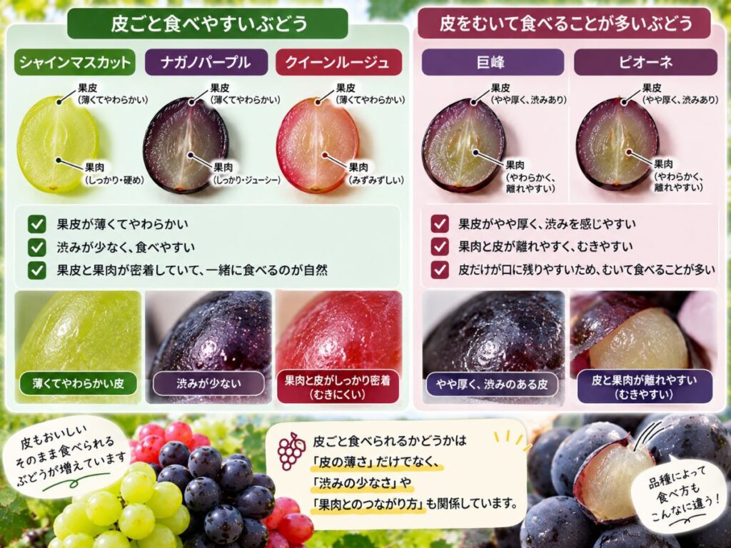 シャインマスカット・ナガノパープルなど皮ごと食べやすいぶどうと巨峰・ピオーネの違いを比較した図