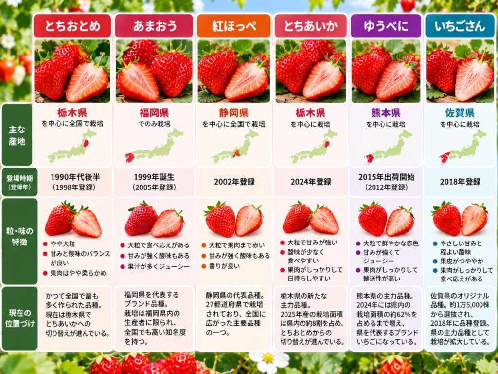 とちおとめ・あまおう・紅ほっぺ・とちあいか・ゆうべに・いちごさんの主産地や特徴を比較した図