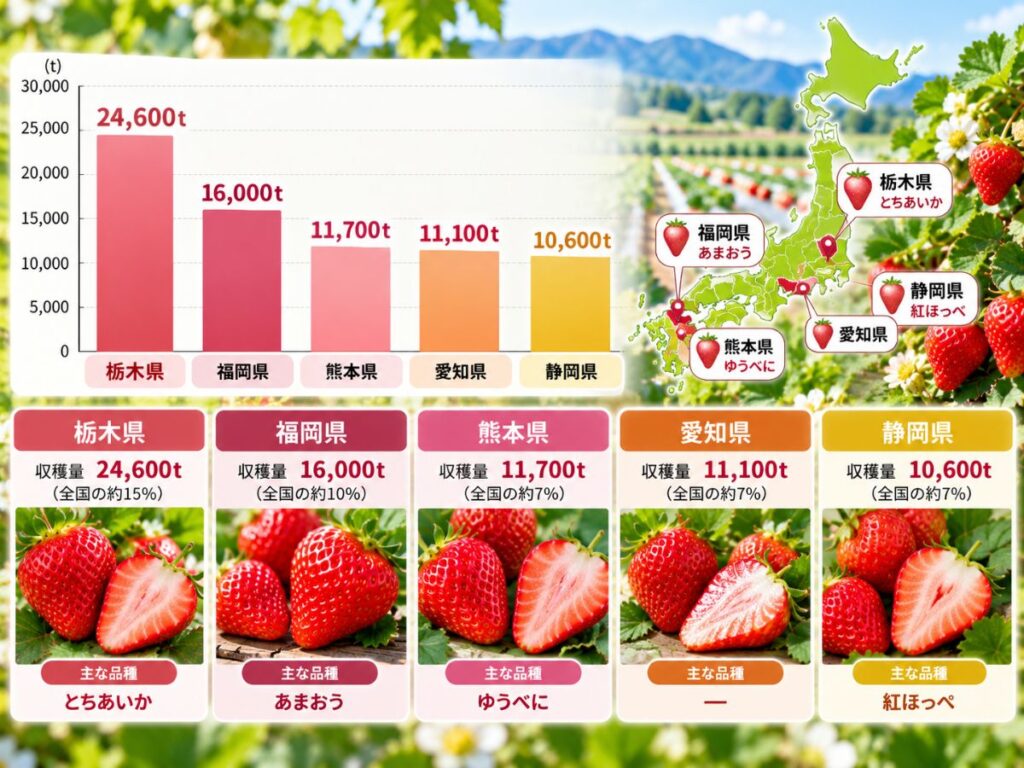 栃木・福岡・熊本・愛知・静岡のいちご収穫量と主要産地を比較した図