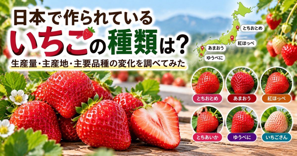 日本で作られているいちごの種類と主要産地・代表品種を紹介するアイキャッチ画像