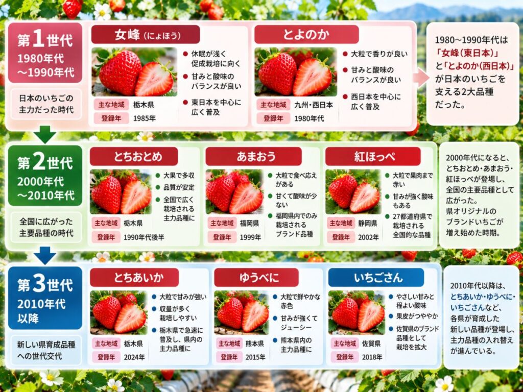 女峰・とよのかから、とちおとめ・あまおう・紅ほっぺ、とちあいか・ゆうべに・いちごさんへ続く主要いちご品種の変化を示した図