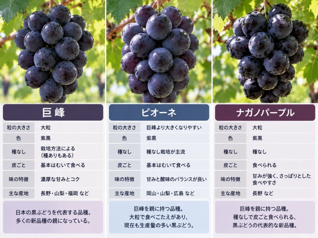 巨峰・ピオーネ・ナガノパープルの粒の大きさや種なし、皮ごとの違いを比較した図