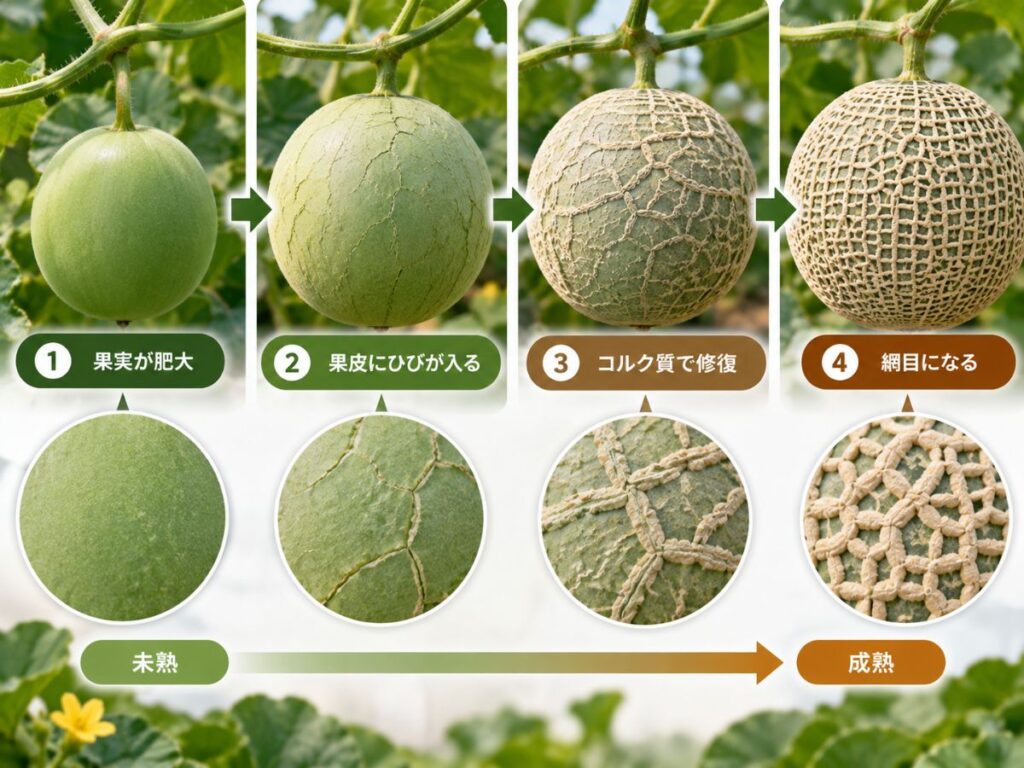 メロンの果実が肥大し果皮にひびが入り、コルク質で修復されて網目になる流れ
