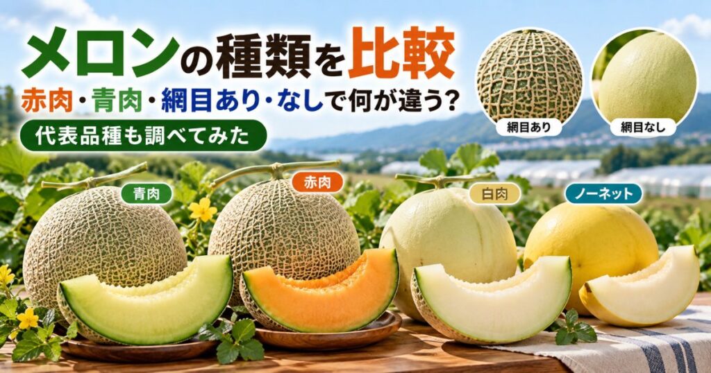 メロンの赤肉・青肉・白肉とネットあり・ネットなしの違い、代表品種を比較したアイキャッチ画像