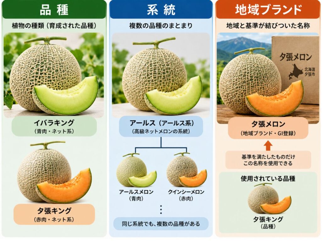 メロンの品種・系統・地域ブランドの違いをイバラキング、アールス、夕張メロンなどで比較した図