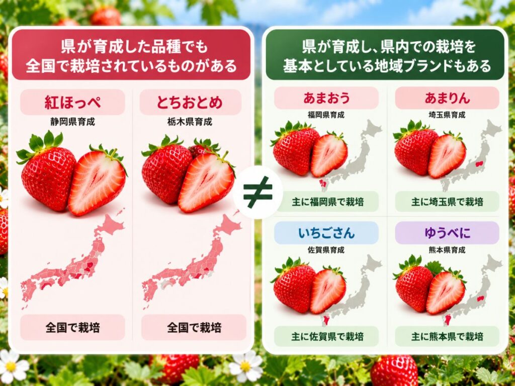 県が育成したいちご品種と県内中心で栽培される地域ブランドいちごの違いを比較した図