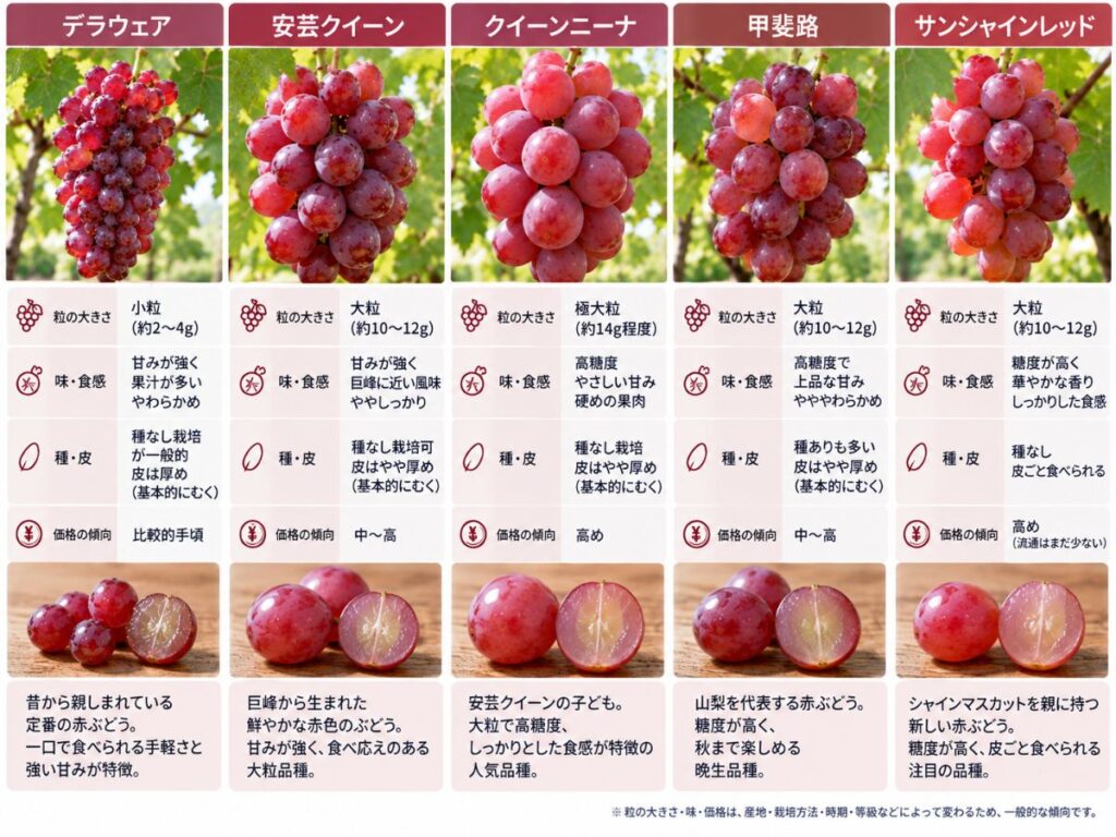 デラウェア・安芸クイーン・クイーンニーナ・甲斐路・サンシャインレッドの特徴を比較した図