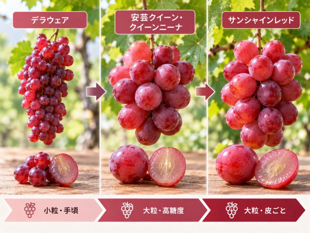 デラウェアから安芸クイーン・クイーンニーナ、サンシャインレッドへと変化した赤ぶどうの特徴を比較した図