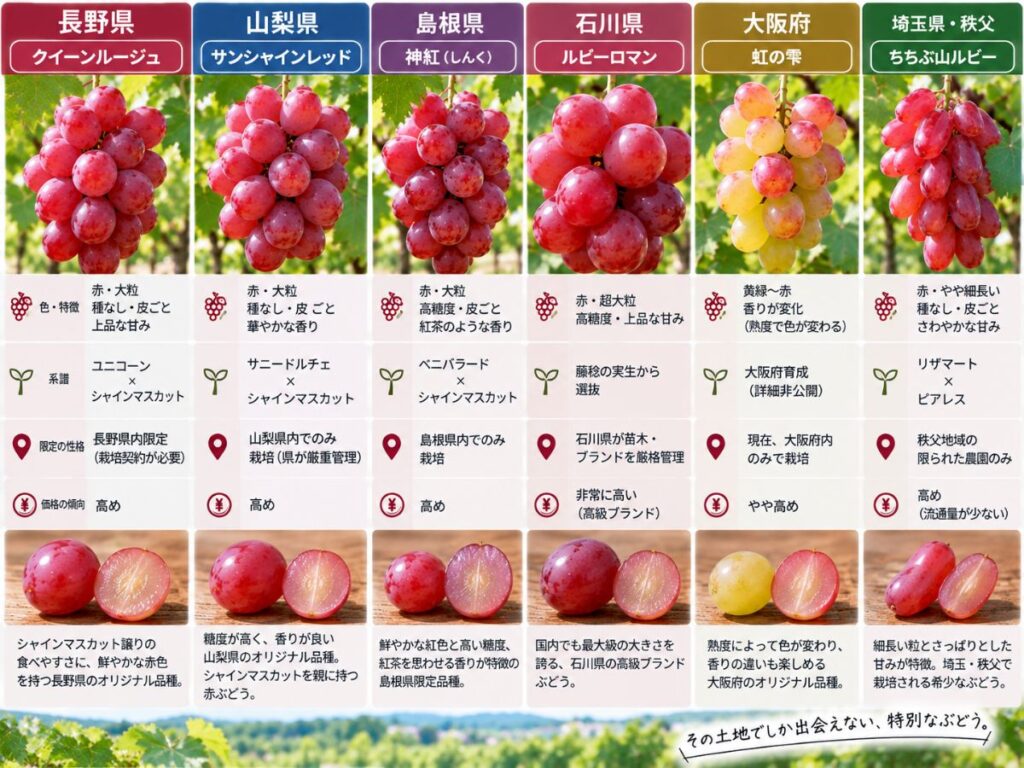 長野・山梨・島根・石川・大阪・秩父の地域限定・地域オリジナルぶどうを比較した図