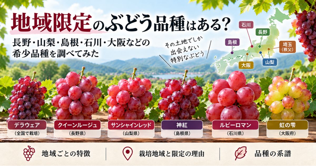 長野・山梨・島根・石川・大阪などの地域限定ぶどう品種を紹介するアイキャッチ画像