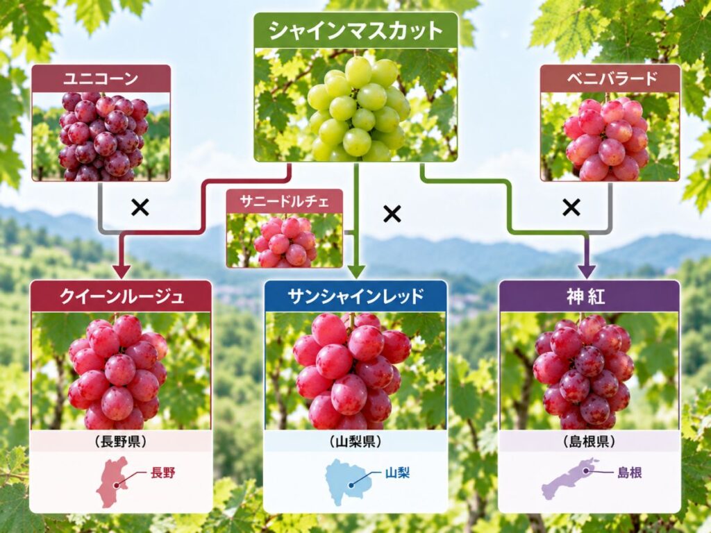 シャインマスカットを親に持つクイーンルージュ・サンシャインレッド・神紅の系譜図