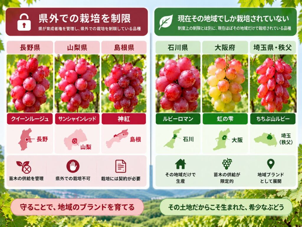 県外栽培を制限するぶどうと現在その地域中心で栽培されるぶどうの違いを比較した図