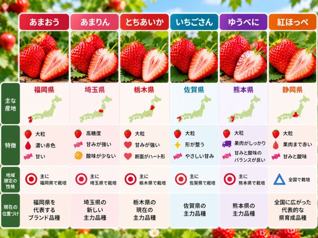 あまおう・あまりん・とちあいか・いちごさん・ゆうべに・紅ほっぺの主産地や地域限定性を比較した図