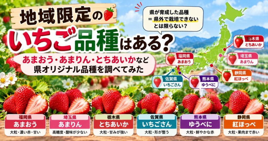 あまおう・あまりん・とちあいかなど各県のオリジナルいちご品種を紹介するアイキャッチ画像