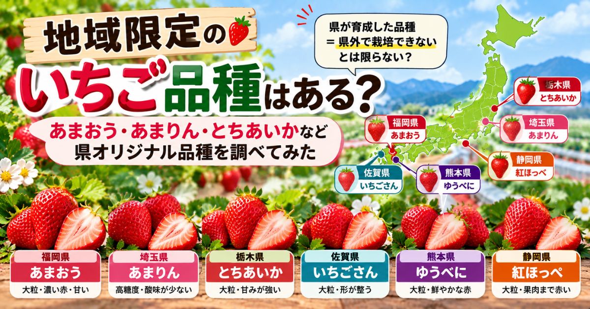 あまおう・あまりん・とちあいかなど各県のオリジナルいちご品種を紹介するアイキャッチ画像