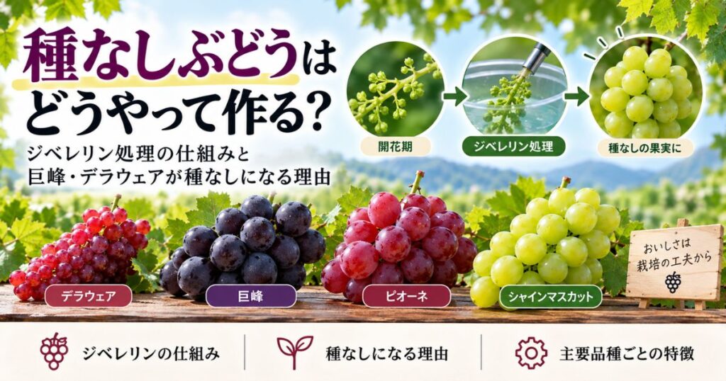 種なしぶどうの作り方とジベレリン処理の仕組みを紹介するアイキャッチ画像