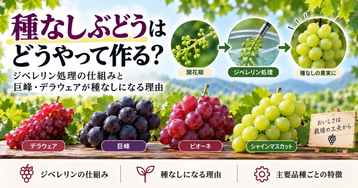 種なしぶどうの作り方とジベレリン処理の仕組みを紹介するアイキャッチ画像