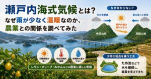 瀬戸内海式気候が雨が少なく温暖になる理由と農業との関係を示したアイキャッチ画像