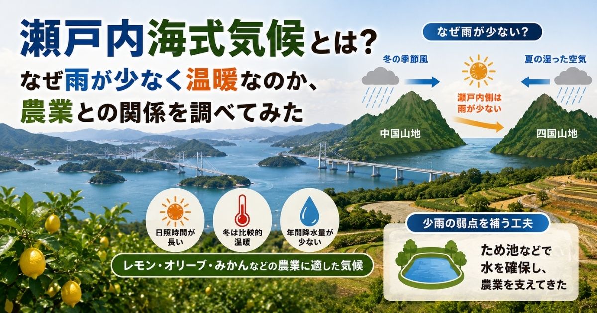 瀬戸内海式気候が雨が少なく温暖になる理由と農業との関係を示したアイキャッチ画像
