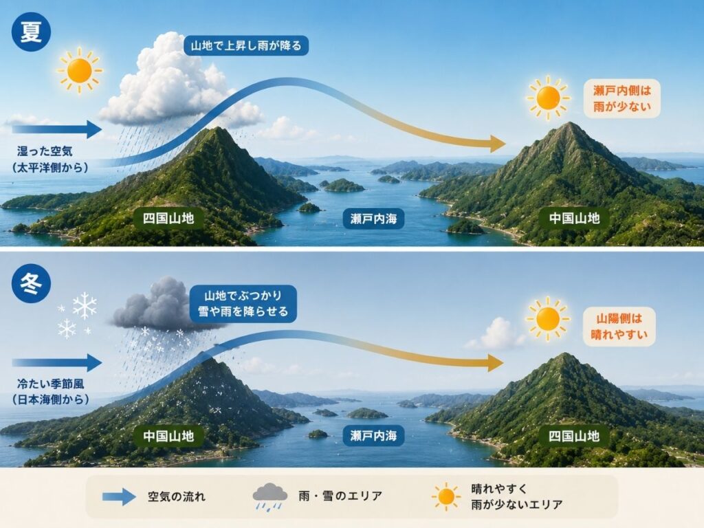 中国山地と四国山地が季節風を遮り瀬戸内側で雨が少なくなる仕組み