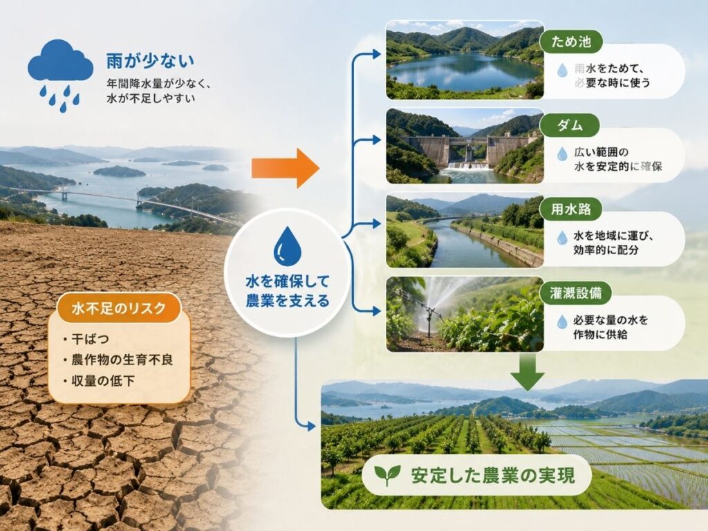 瀬戸内の少雨による水不足をため池・ダム・用水路・灌漑設備で補う仕組み