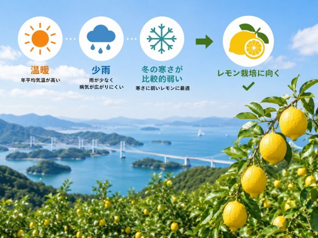 温暖・少雨・冬の寒さが比較的弱い瀬戸内の気候がレモン栽培に向く理由