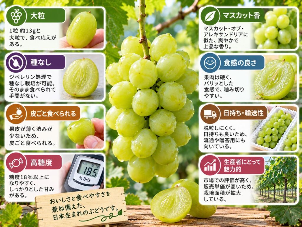 シャインマスカットが大粒・種なし・皮ごと・高糖度・マスカット香・日持ちなどで人気になった理由をまとめた図