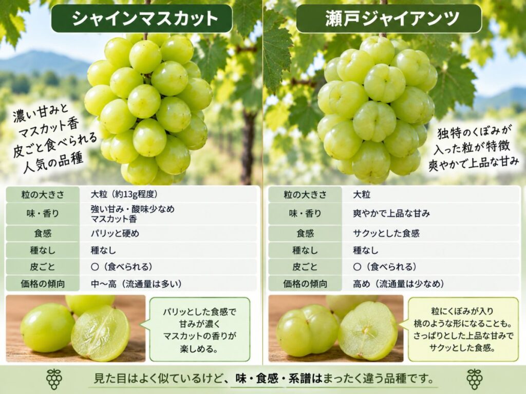 シャインマスカットと瀬戸ジャイアンツの味・食感・粒の特徴・価格傾向を比較した図
