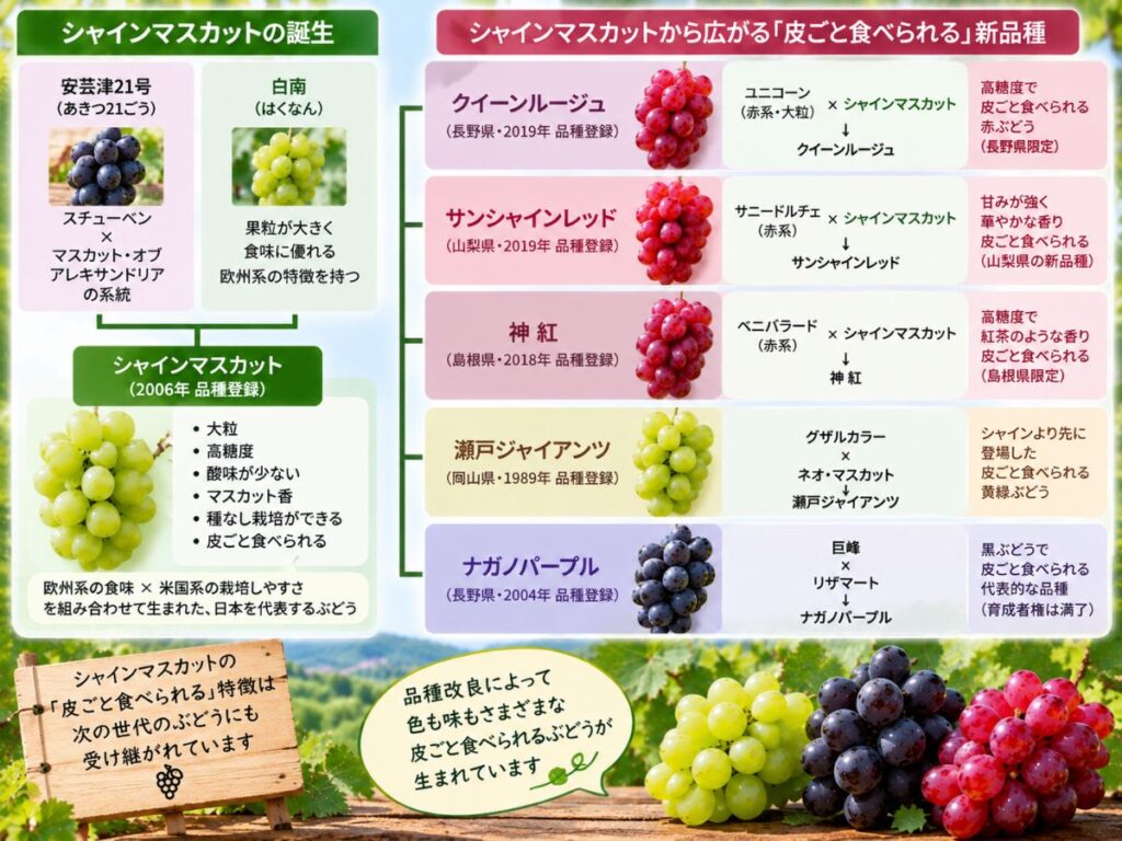 シャインマスカットを中心に皮ごと食べられるぶどう品種へ広がる系譜を示した図