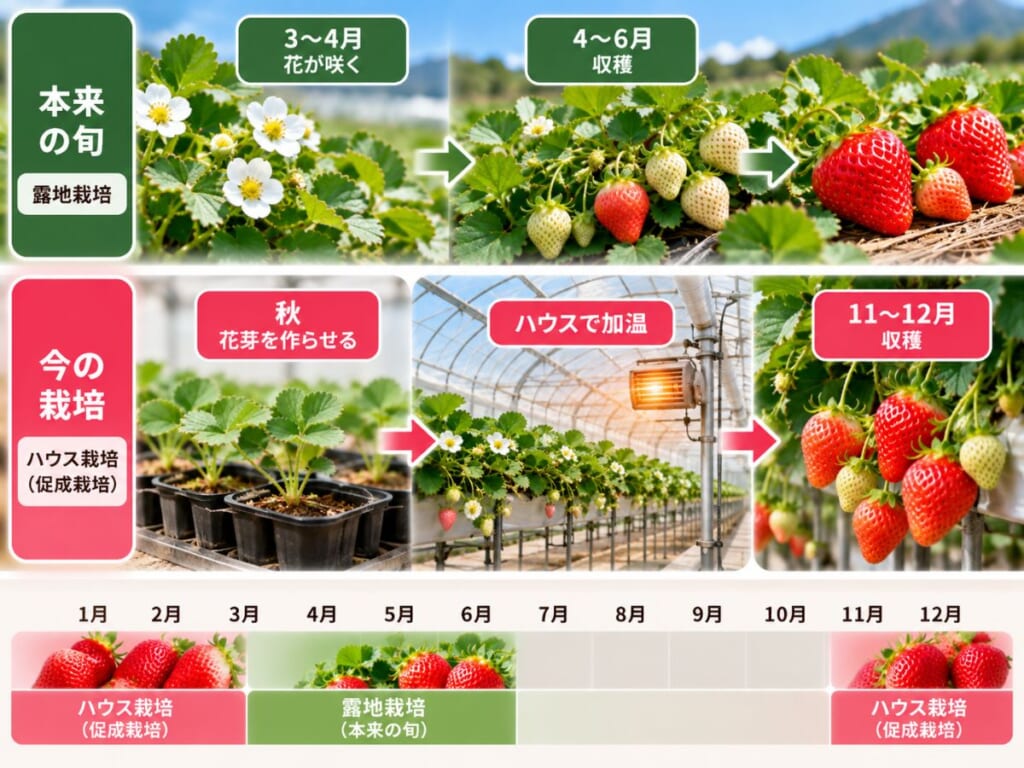 いちごを秋に花芽形成させハウスで加温して冬に収穫する促成栽培の流れを示した図