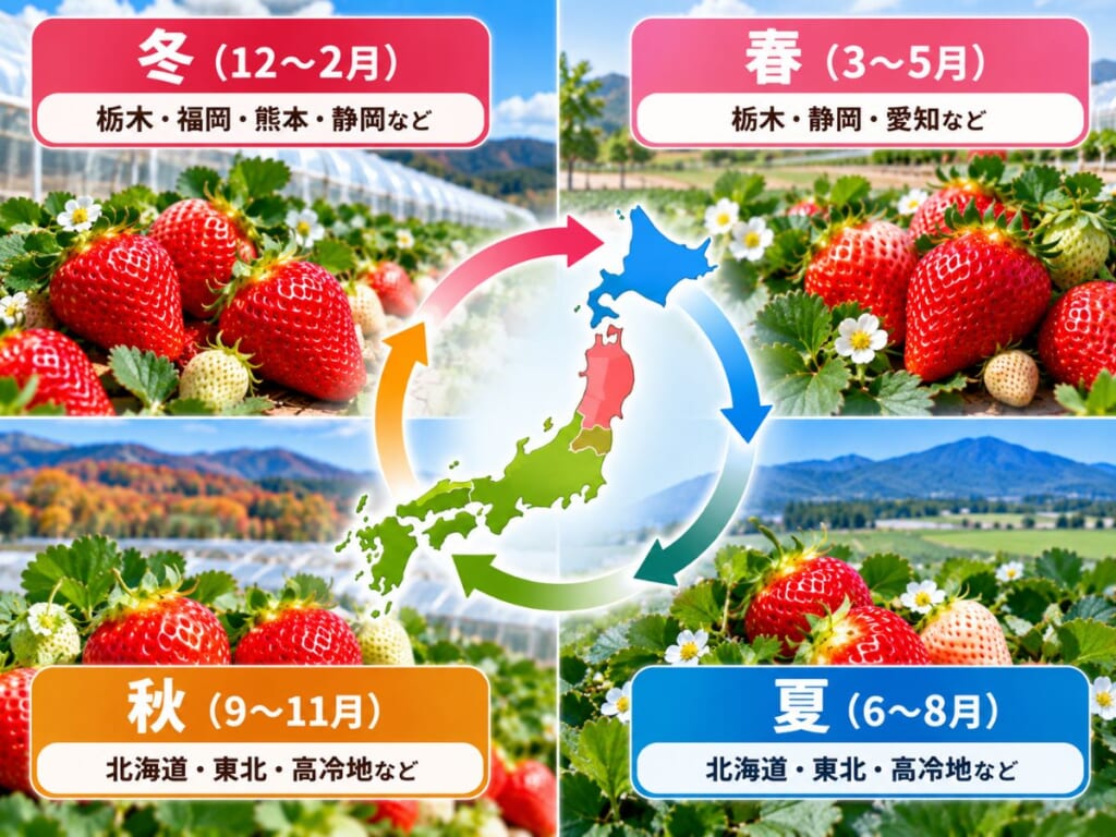 冬春は栃木・福岡・熊本など、夏秋は北海道・東北・高冷地へ移るいちごの産地リレーを示した図