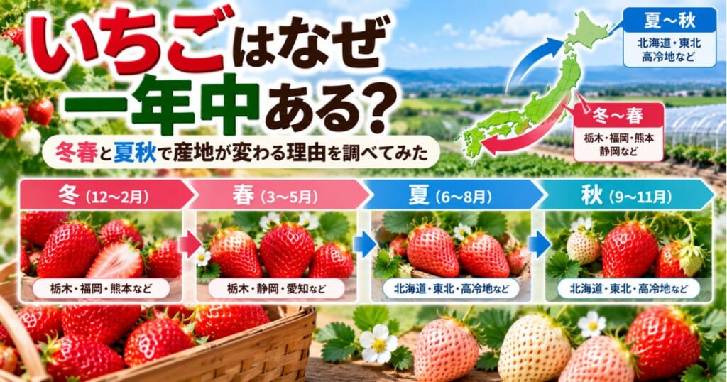 いちごが一年中流通する理由と冬春・夏秋で産地が変わる仕組みを紹介するアイキャッチ画像