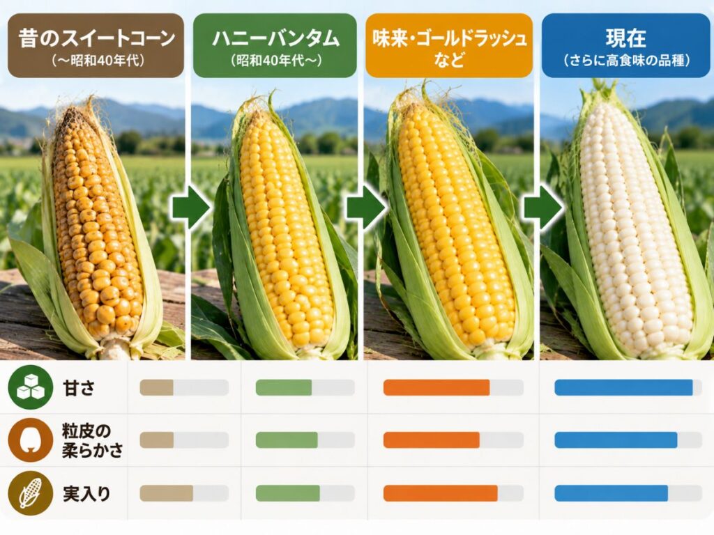 昔のスイートコーンからハニーバンタム、味来・ゴールドラッシュなどへ甘さや食味が改良されてきた流れ