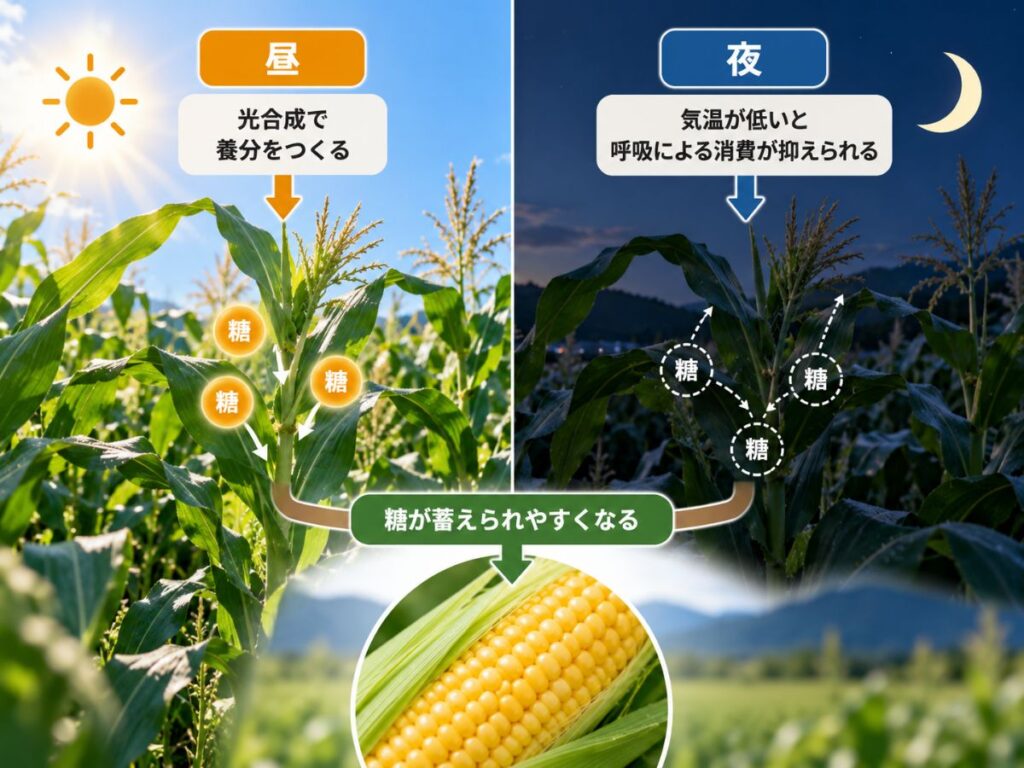 とうもろこしを早朝に収穫し、すぐ冷却して低温管理することで甘さや食味を保ちやすくする流れ