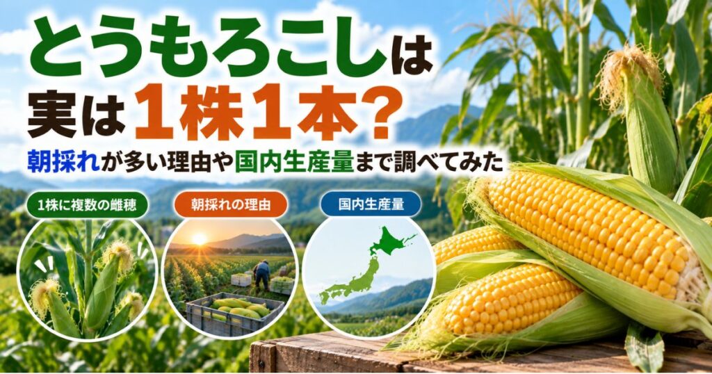 とうもろこしを1株から1本残して育てる栽培と朝採れ、国内生産量の特徴を紹介するアイキャッチ画像