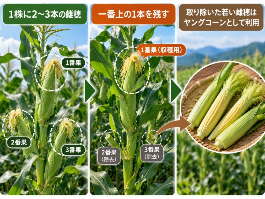 とうもろこしは1株に2〜3本の雌穂ができ、一番上の1本を残して下の若い雌穂をヤングコーンとして利用する流れ