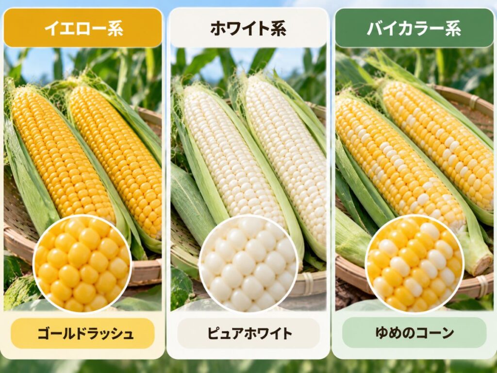 スイートコーンのイエロー系・ホワイト系・バイカラー系と代表品種を比較した図