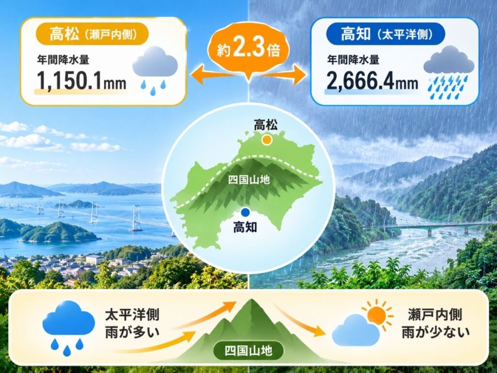 高松と高知の年間降水量を比較し四国山地による雨量差を示した図