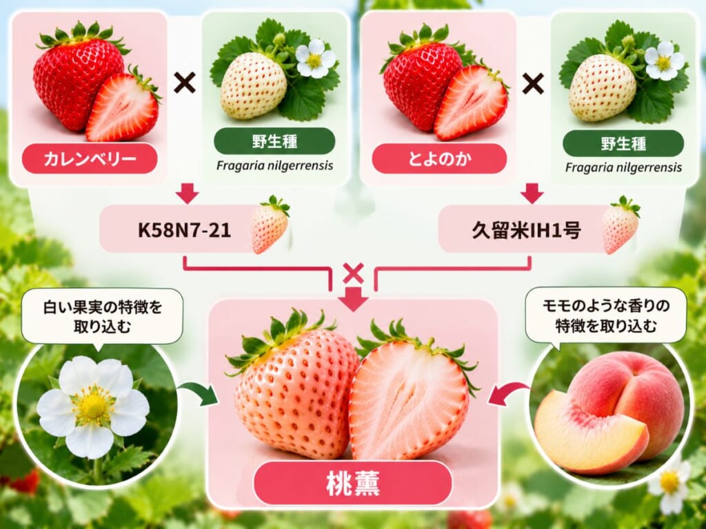 野生種Fragaria nilgerrensisの特徴を取り入れて育成された桃薫の系譜を示した図
