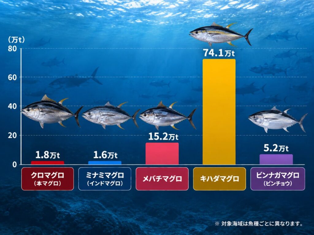 クロマグロ・ミナミマグロ・メバチ・キハダ・ビンナガの年間漁獲量の規模を比較した図