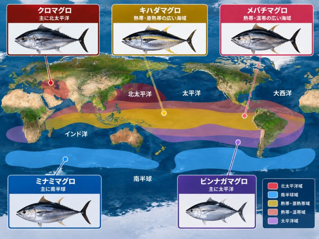 クロマグロ・ミナミマグロ・メバチ・キハダ・ビンナガが主に分布する海域を世界地図で比較した図